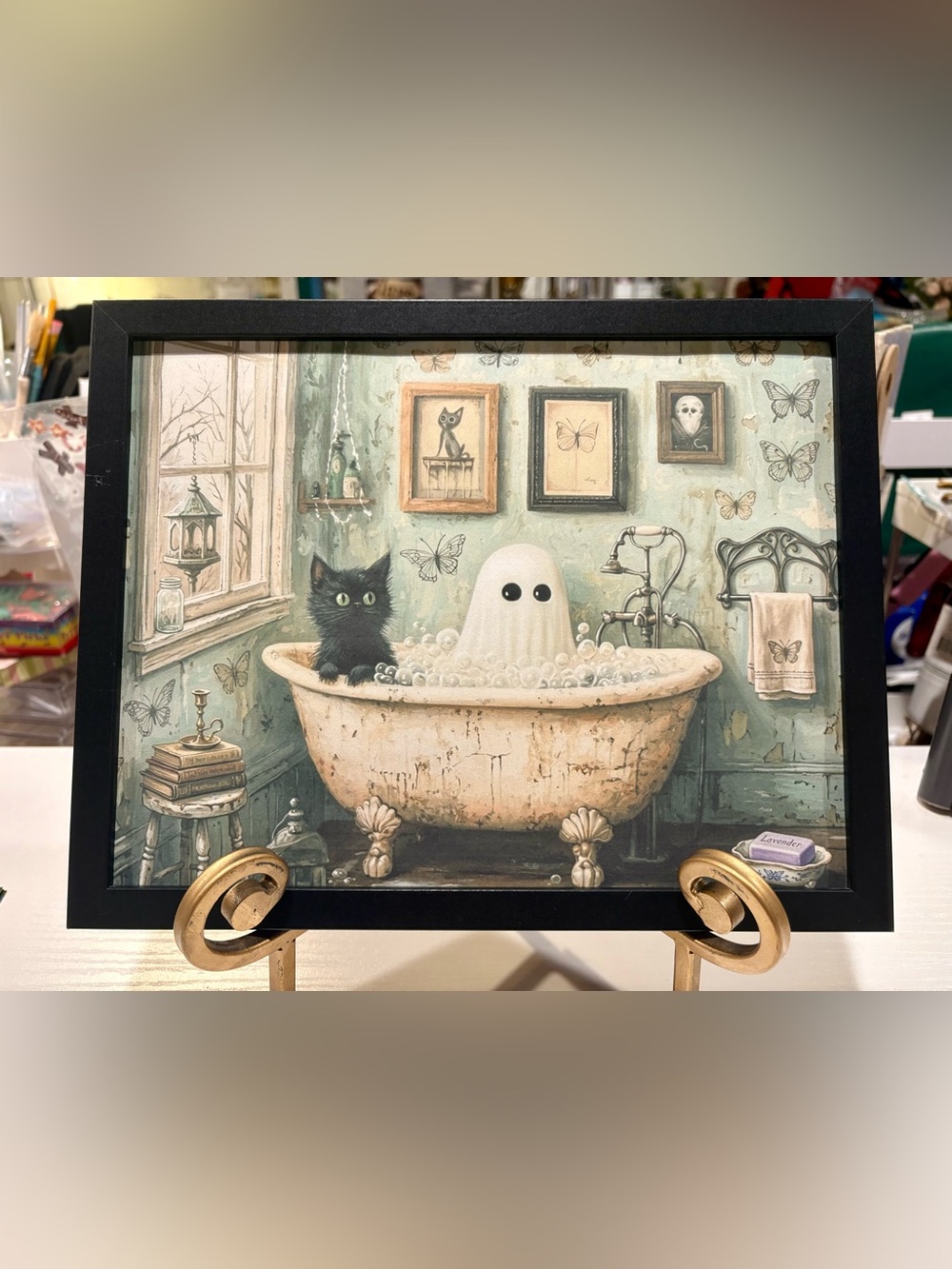 Whimsical Ghost & Cat Bath Vanity Framed 8x10 Art Print